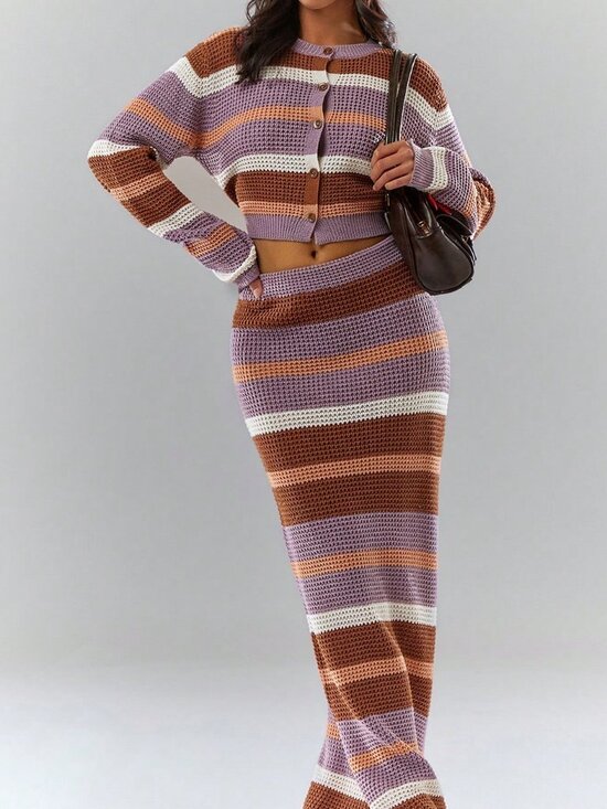 Dresses & Skirts - Casual Women's Striped Long Sleeve Knit Cardigan And Knit Skirt Set